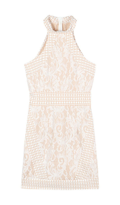 HIGH NECK CROCHET MINI DRESS IN BEIGE DRESS styleofcbdress 