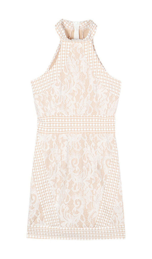 HIGH NECK CROCHET MINI DRESS IN BEIGE DRESS styleofcbdress 