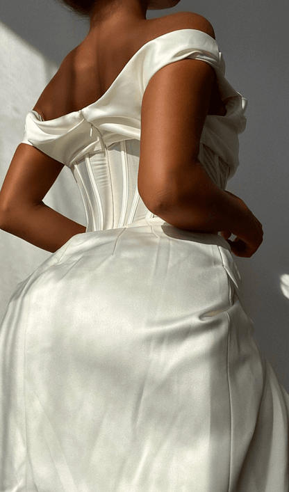 IVORY DRAPE MIDI CORSET DRESS