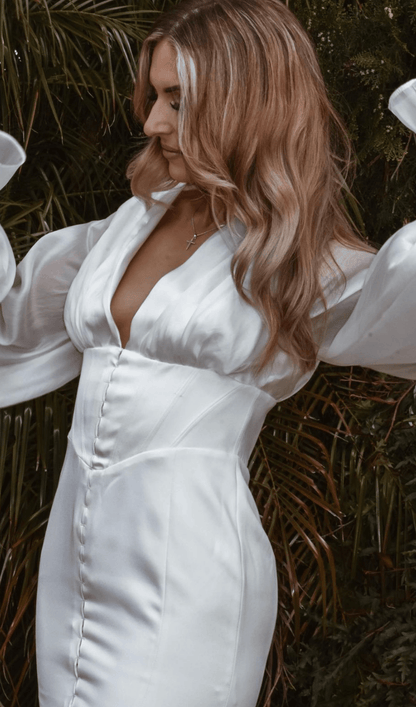 IVORY SATIN FLARED SLEEVE MINI DRESS