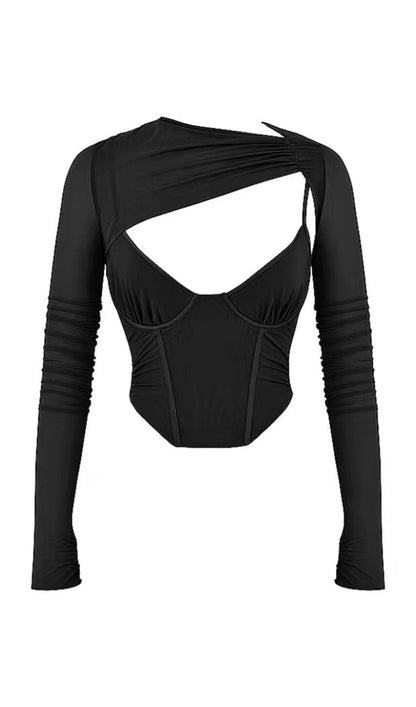 LONG SLEEVE CORSET TOP IN BLUE Shirts & Tops styleofcb XS BLACK 