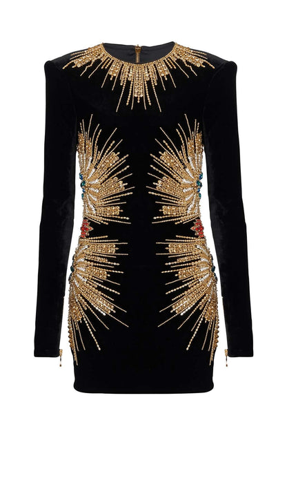 LONG-SLEEVE EMBELLISHED MINI DRESS IN BLACK DRESS styleofcbdress 