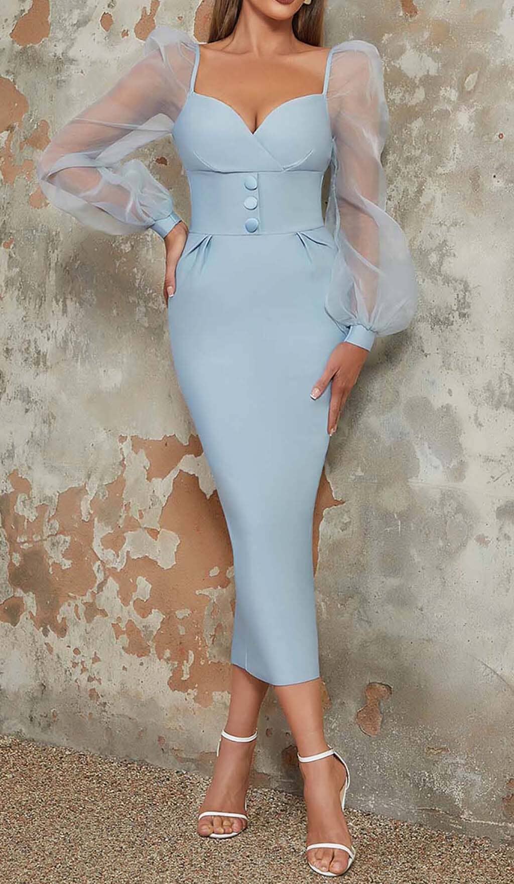 MESH SLEEVE BODYCON MIDI DRESS IN BLUE DRESS sis label