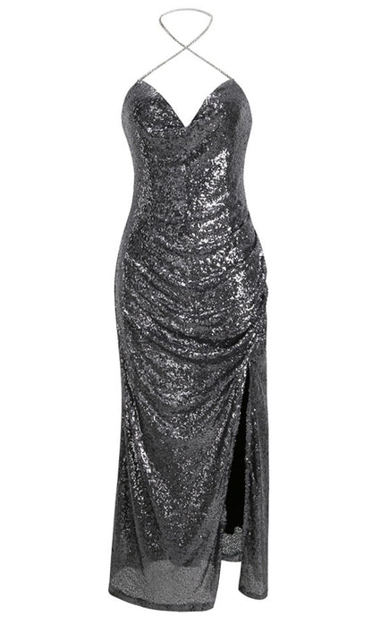 MIDI DRESS WITH SEQUINS SLITS IN SLIVER Dresses styleofcb 