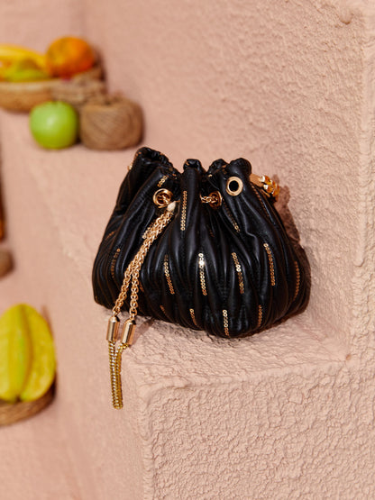 MATTEA LEATHER SEQUIN BUCKET BAG IN BLACK