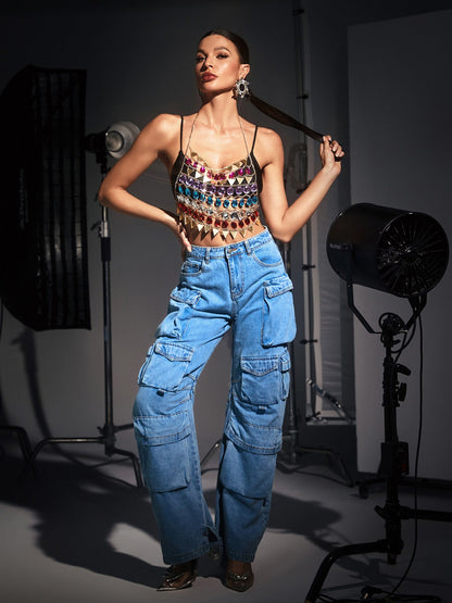 RAINBOW RHINESTONE BODY CHAIN TOP