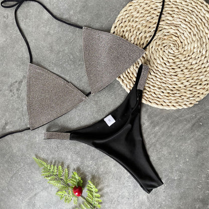 RHINESTONE BIKINI TWO PIECE SET IN BLACK-Swimwear-Oh CICI SHOP