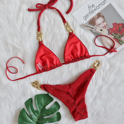 GOLD CHAIN BIKINI TWO PIECE SET IN RED-Swimwear-Oh CICI SHOP