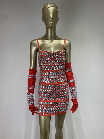 CRYSTAL EMBELLISHED BANDAGE DRESS WITH GLOVES IN RED