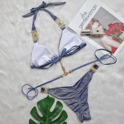 CRYSTAL SPARKLE BIKINI TWO PIECE SET IN BLUE-Swimwear-Oh CICI SHOP
