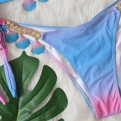 OMBRE RHINESTONE TRIMMED BIKINI TWO PIECE SET IN PURPLE-Swimwear-Oh CICI SHOP