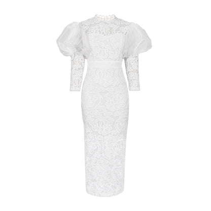 WHITE PUFF SLEEVE LACE MIDI DRESS