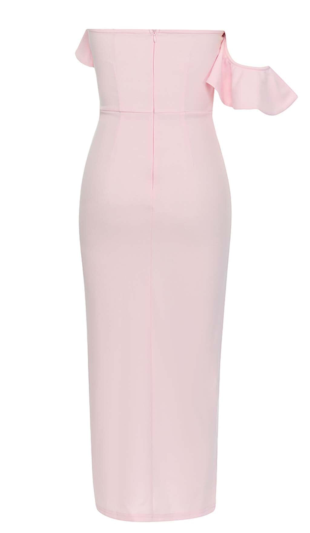 ONE SHOULDER RUFFLE TRIM MIDI DRESS IN PINK DRESS STYLE OF CB 