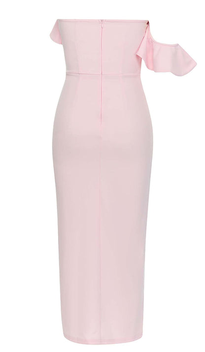 ONE SHOULDER RUFFLE TRIM MIDI DRESS IN PINK DRESS STYLE OF CB 