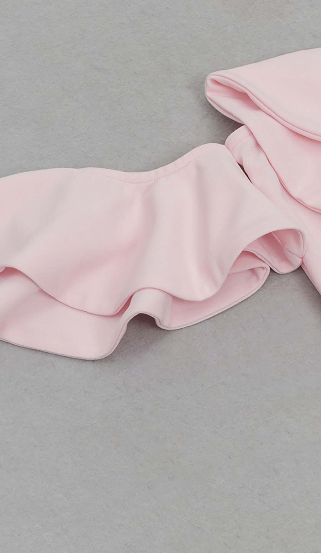 ONE SHOULDER RUFFLE TRIM MIDI DRESS IN PINK DRESS STYLE OF CB 