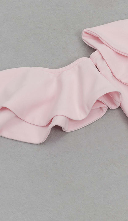 ONE SHOULDER RUFFLE TRIM MIDI DRESS IN PINK DRESS STYLE OF CB 