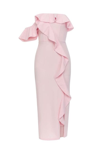ONE SHOULDER RUFFLE TRIM MIDI DRESS IN PINK DRESS STYLE OF CB 