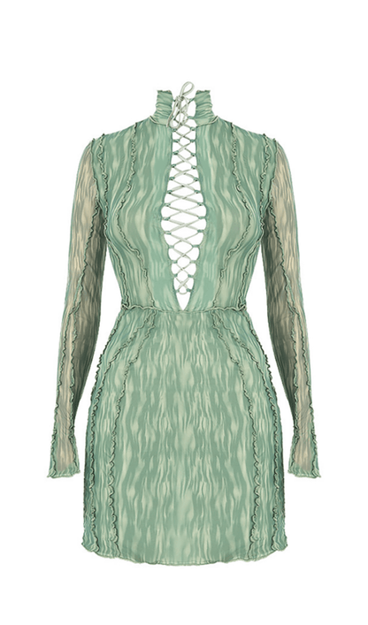 PRINTED MESH LACE UP MINI DRESS