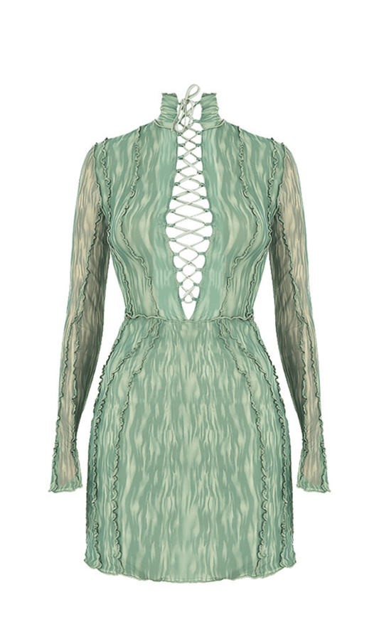 PRINTED MESH LACE UP MINI DRESS