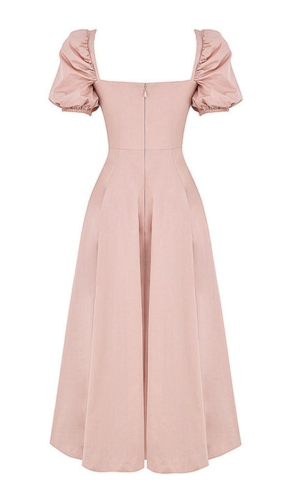 PUFF SLEEVE MIDI DRESS IN BLUSH PINK