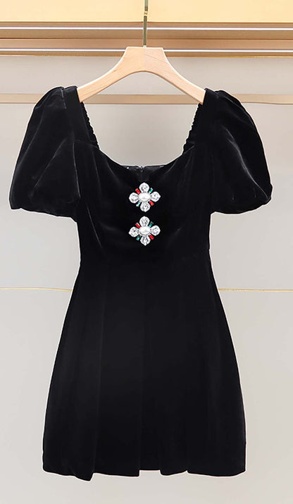 PUFF SLEEVE VELVET MINI DRESS IN BLACK DRESS styleofcb 