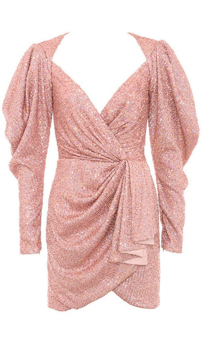 ROSE GOLD DRAPED SEQUIN MINI DRESS Dresses styleofcb 