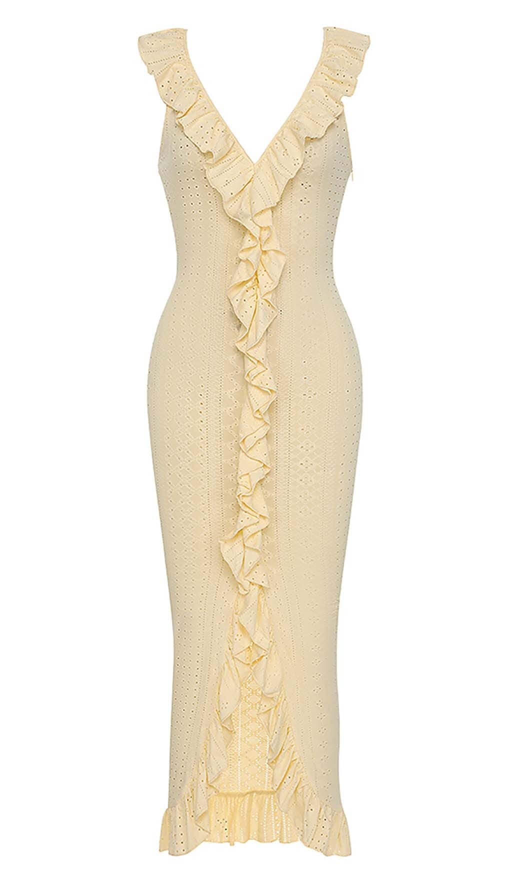 RUCHED RUFFLE TRIM MIDI DRESS DRESS sis label