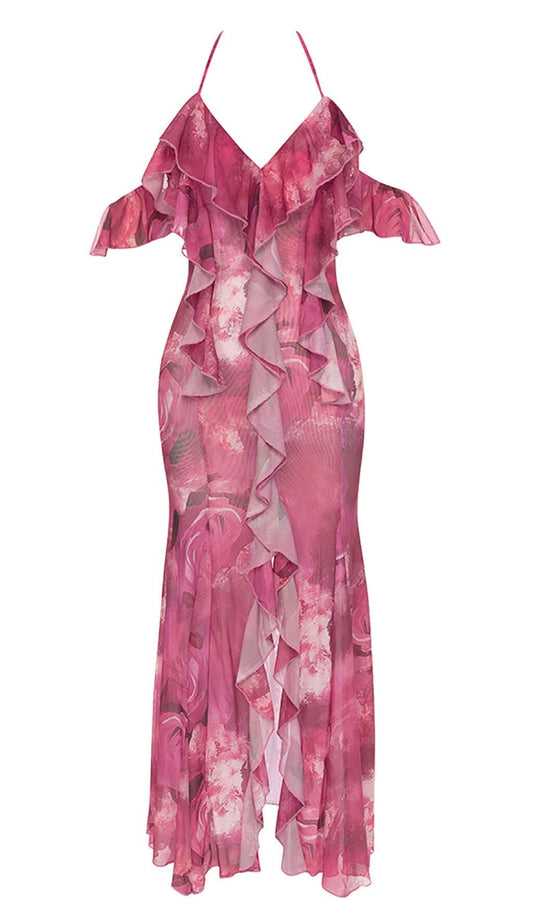 RUFFLE-TRIM PAISLEY-PRINT MAXI DRESS IN PINK DRESS STYLE OF CB 