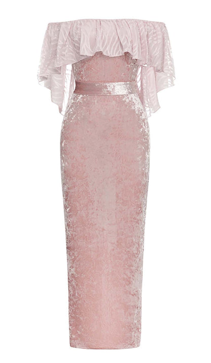 RUFFLED BANDEAU SATIN MAXI DRESS IN PINK styleofcb 