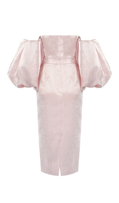SATIN STRAPLESS MIDI DRESS IN PINK
