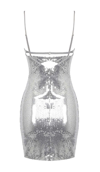 SEQUIN CUTOUT DRAPED MINI DRESS IN METALLIC SILVER sis label 