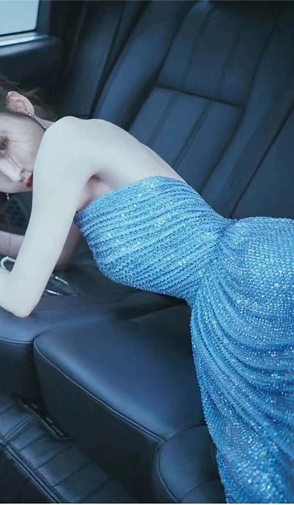 SEQUIN SLEEVELESS MAXI DRESS IN BLUE styleofcb 