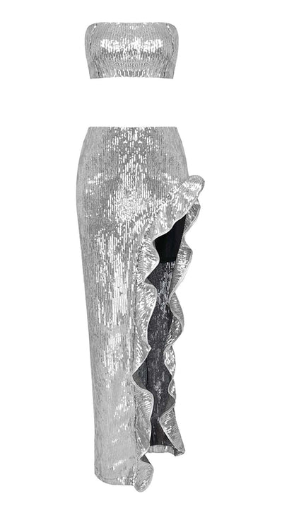SEQUINED BANDEAU TWO-PIECE SUIT IN SLIVER DRESS STYLE OF CB 