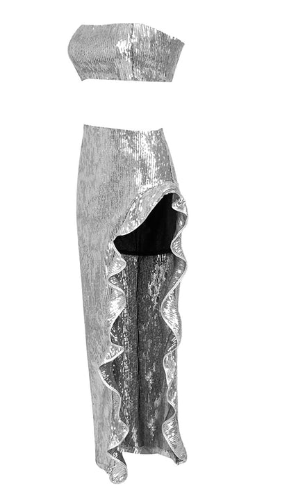 SEQUINED BANDEAU TWO-PIECE SUIT IN SLIVER DRESS STYLE OF CB 