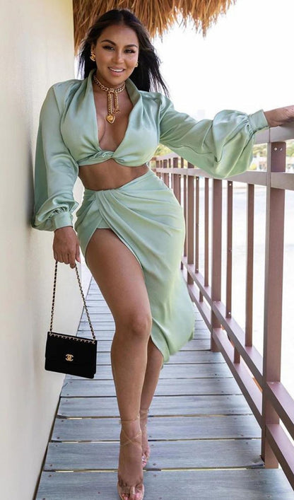 SILKY SATIN DRAPED TWO PIECE SET IN GREEN Dresses styleofcb 