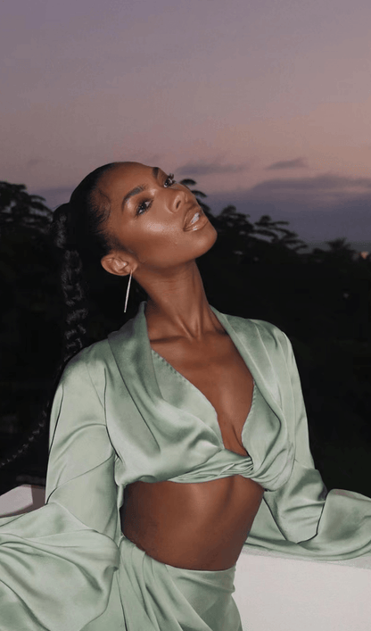 SILKY SATIN DRAPED TWO PIECE SET IN GREEN Dresses styleofcb 