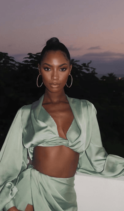 SILKY SATIN DRAPED TWO PIECE SET IN GREEN Dresses styleofcb 