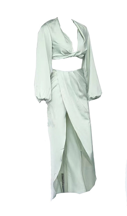 SILKY SATIN DRAPED TWO PIECE SET IN GREEN Dresses styleofcb 