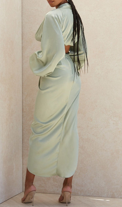 SILKY SATIN DRAPED TWO PIECE SET IN GREEN Dresses styleofcb 