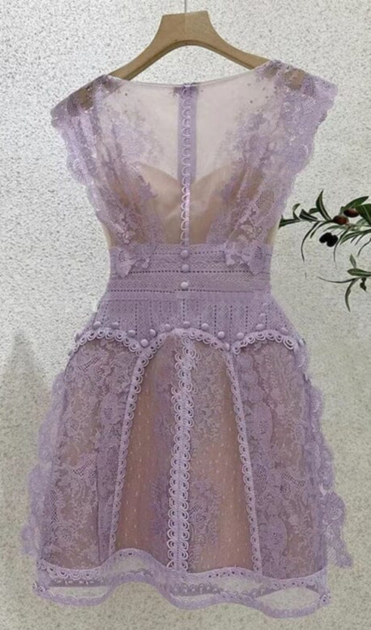 SLEEVELESS LACE A-LINE MINI DRESS IN LILAC DRESS STYLE OF CB 