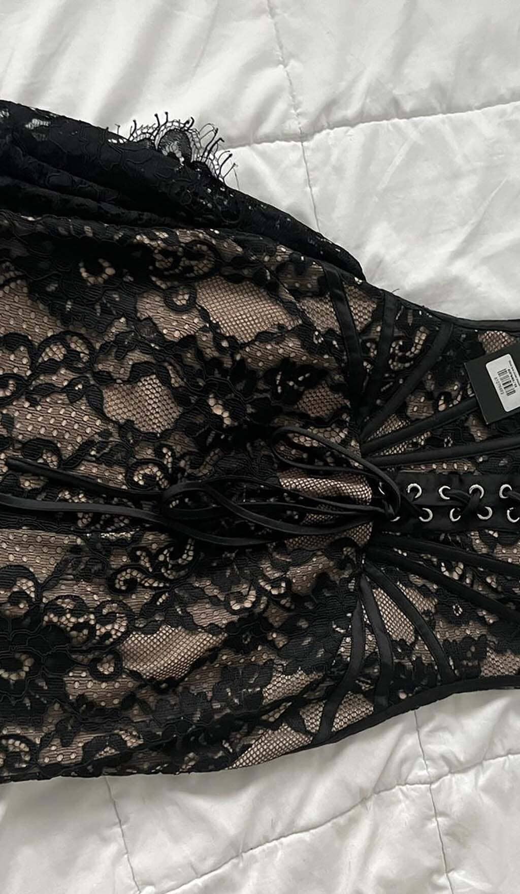 STRAPLESS LACE APPLIQUES MINI DRESS IN BLACK DRESS sis label 