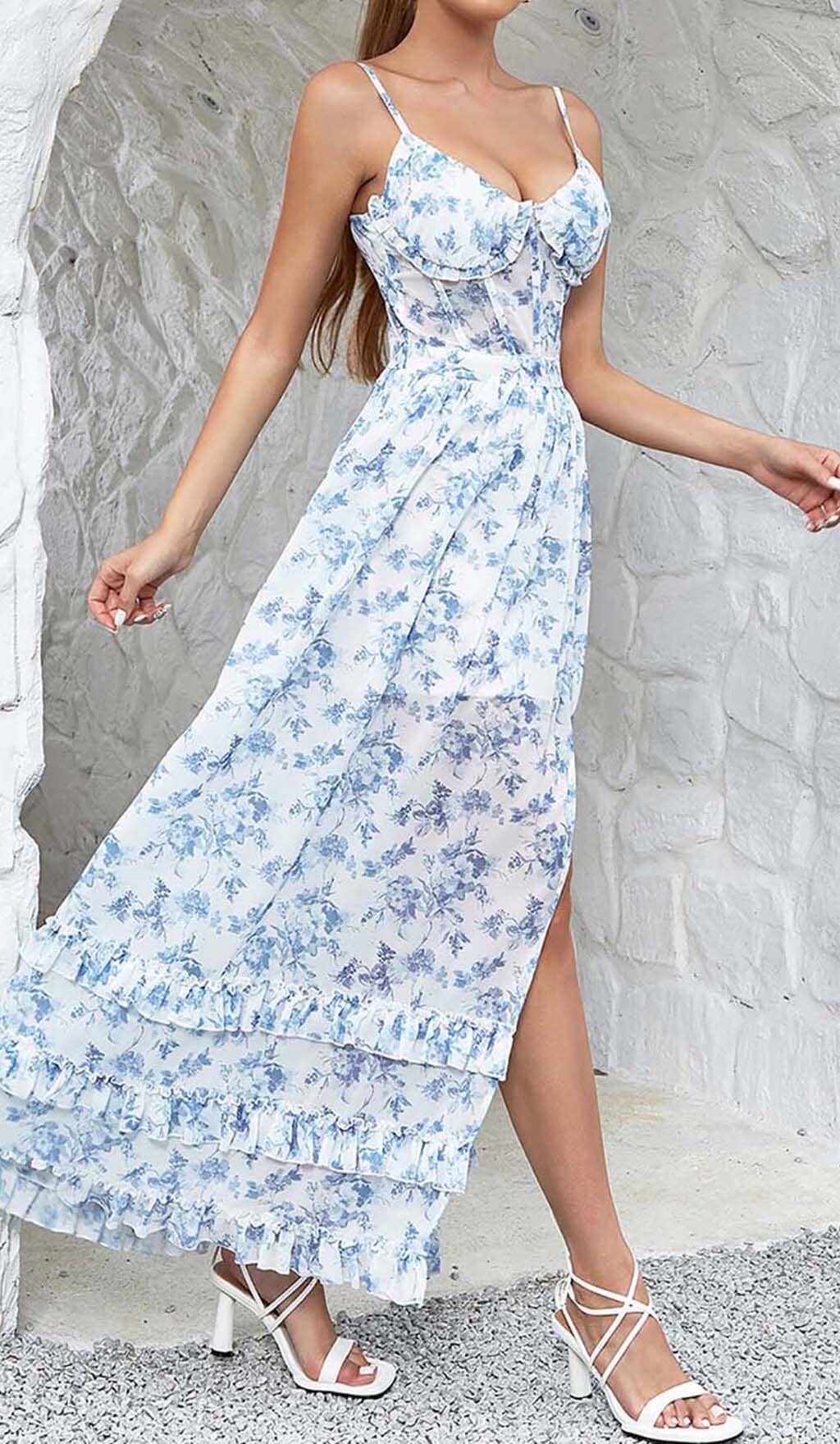STRAPPY CORSET TIERED MAXI DRESS IN BLUE DRESS styleofcbdress 