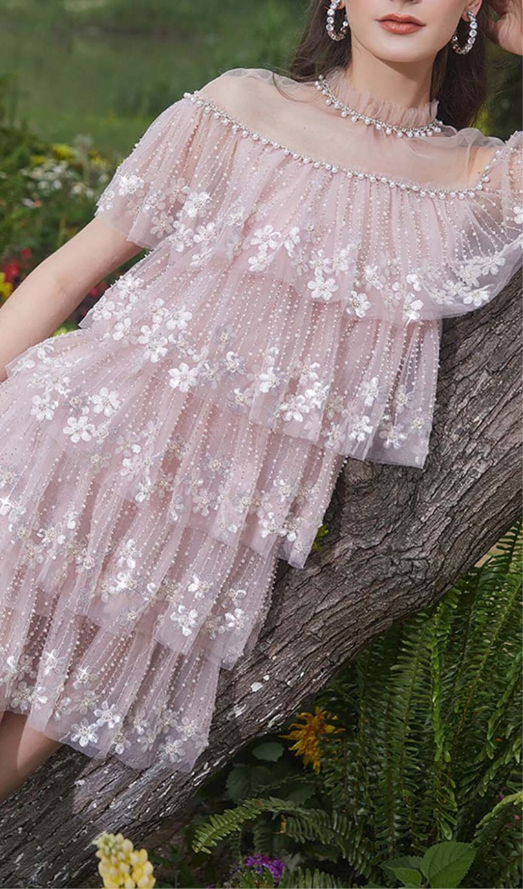 TIERED LACE TRIM MIDI DRESS IN PINK DRESS STYLE OF CB 