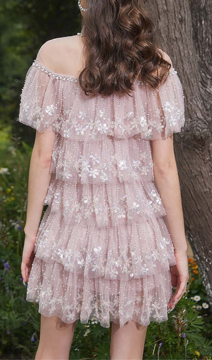 TIERED LACE TRIM MIDI DRESS IN PINK DRESS STYLE OF CB 