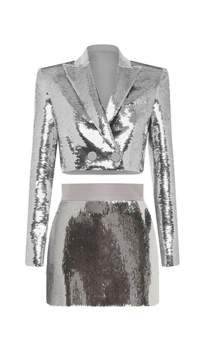 SEQUIN SHORT TWO PIECES SUIT IN SLIVER styleofcb 