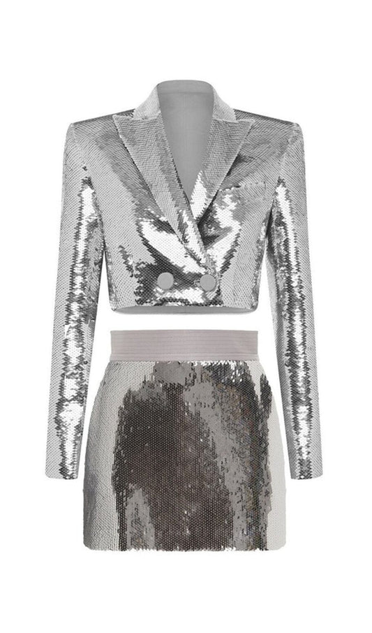SEQUIN SHORT TWO PIECES SUIT IN SLIVER styleofcb 