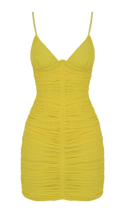 V-neck mesh skirt with pleated straps.
