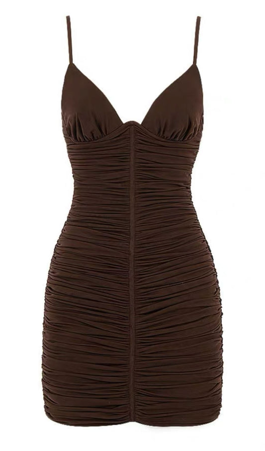 V-neck mesh skirt with pleated straps. styleofcb BROWN XS 