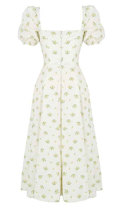 VINTAGE FLORAL PUFF SLEEVE MIDI DRESS IN WHITE styleofcb 