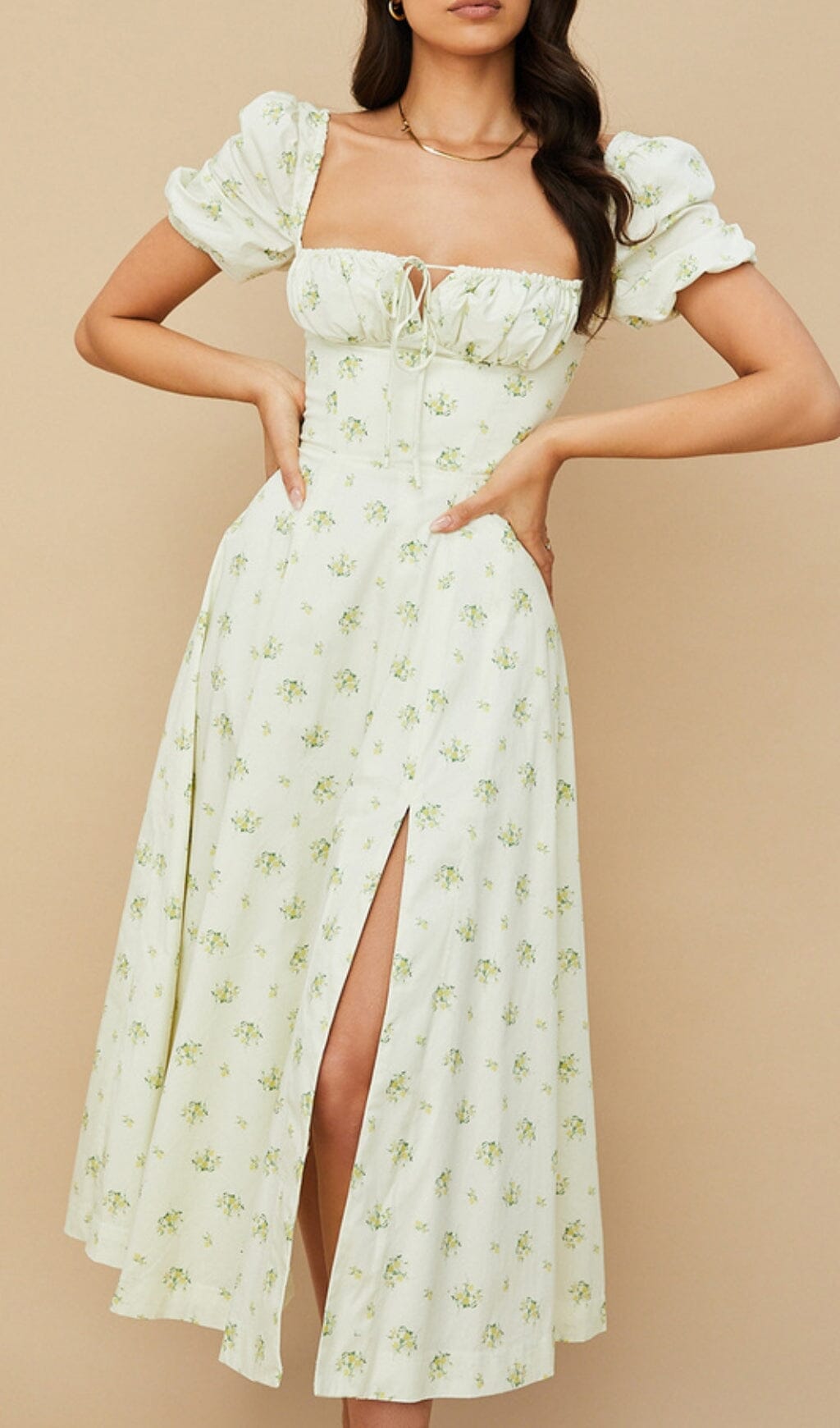 VINTAGE FLORAL PUFF SLEEVE MIDI DRESS IN WHITE styleofcb 